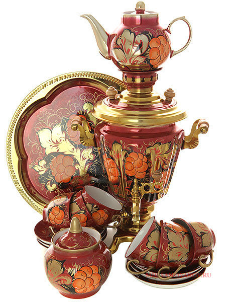 Набор самовар электрический 3 литра с художественной росписью "Грозди рябины на бордовом фоне" с чайным сервизом, арт. 160324с