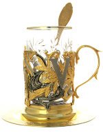 Подстаканник чайный "Виктория" с ложкой, хрустальным стаканом в подарочном футляре Златоуст