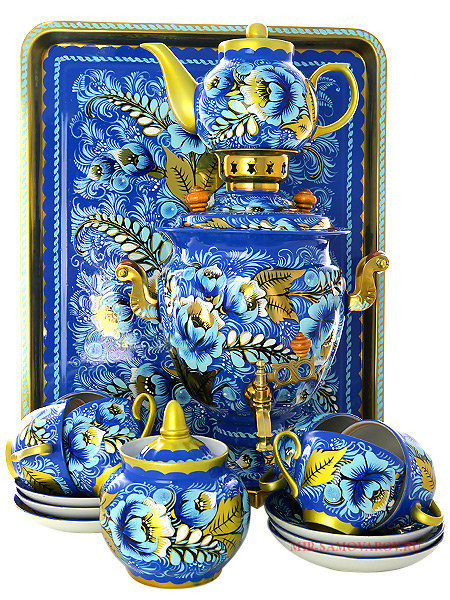 Набор самовар электрический 3 литра с художественной росписью "Кружево" с чайным сервизом и подносом, арт. 120318с