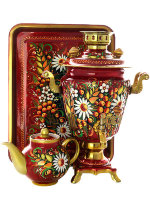 Набор самовар электрический 3 литра с художественной росписью "Хохлома на красном фоне", арт. 155641