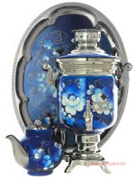 Набор самовар электрический 3 литра с росписью "Жостово на сине-голубом фоне" с автоматическим отключением при закипании, арт. 130588к