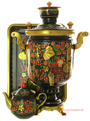 Комбинированный самовар 5 л с росписью "Хохлома классическая" в наборе с подносом и чайником