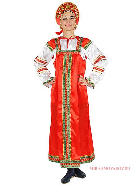 Русский народный костюм "Василиса" атласный комплект красный сарафан и блузка XS-L