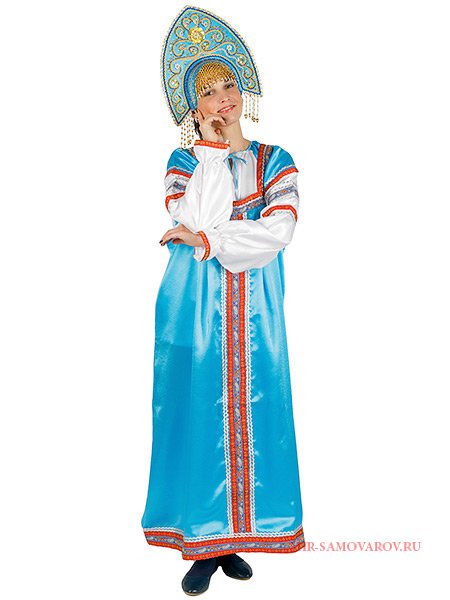 Русский народный костюм "Василиса" женский атласный голубой сарафан и блузка XS-L