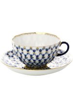 Фарфоровая чайная чашка с блюдцем форма Тюльпан рисунок Кобальтовая сетка Императорский фарфоровый завод